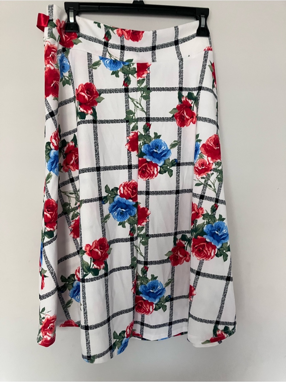 White A-Line Skirt with Red & Blue Floral Grid Print